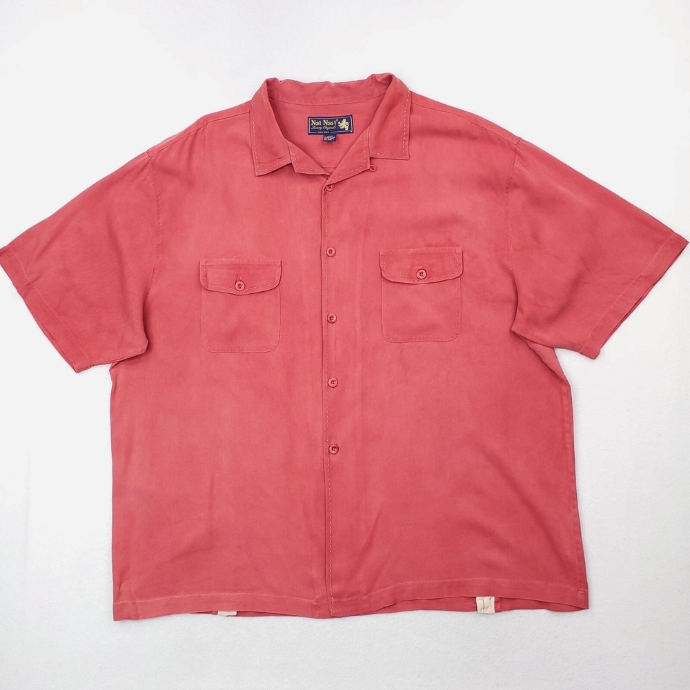 Nat Nast Shirt Mens XXL Pink Salmon Silk Button Up Oversized Relaxed Fit